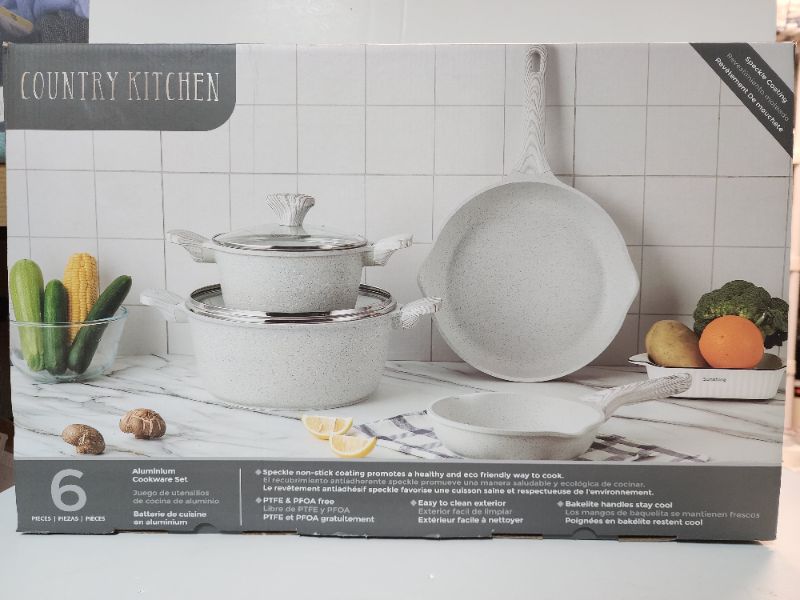 Photo 1 of Country Kitchen Nonstick Cookware Set 6-Piece. NONSTICK - Create the dishes you love without the frustrations. You'll cook, boil, stir fry, fry eggs with minimal effort and minimal oil. The cleanup is quick and easy as well. AFE COATING - The Cast Aluminu