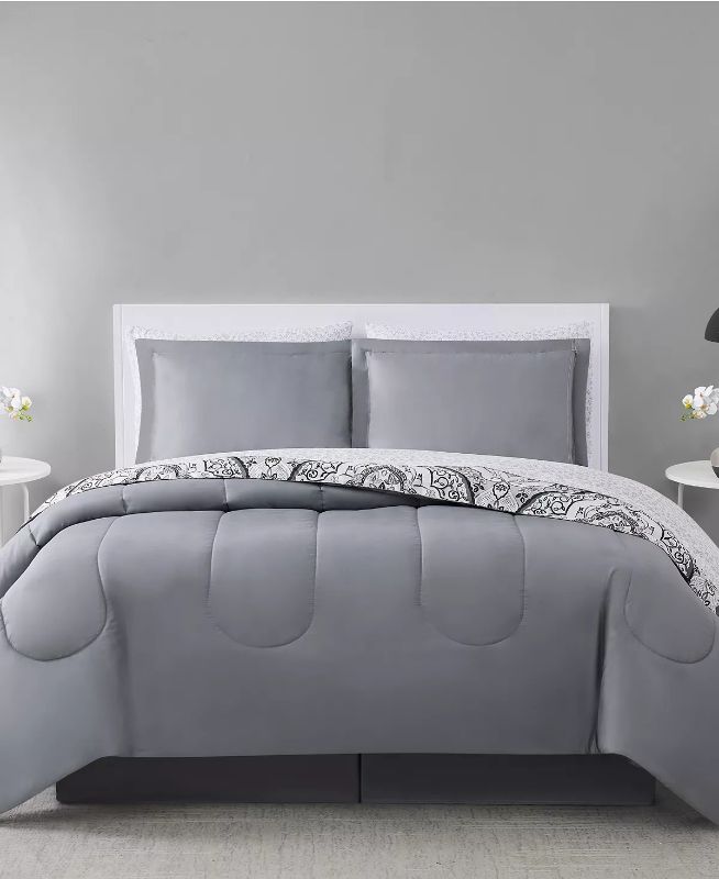 Photo 5 of Queen Size Pem America Parker Comforter Sets, Created for Macy's. Add vintage style to your bedroom with the Parker comforter set from Pem America, featuring a reversible damask print. Set includes: comforter (90" x 90"), two shams (20" x 26"), bedskirt (