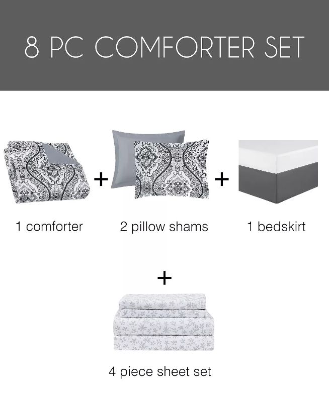 Photo 7 of Queen Size Pem America Parker Comforter Sets, Created for Macy's. Add vintage style to your bedroom with the Parker comforter set from Pem America, featuring a reversible damask print. Set includes: comforter (90" x 90"), two shams (20" x 26"), bedskirt (