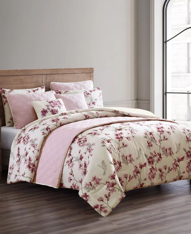 Photo 2 of FULL / QUEEN HALLMART COLLECTIBLES Aviary Blossom 8-Pc Full/Queen Comforter & Coverlet Set. A floral print in lovely watercolor-inspired tones help you create a layered look in your bedroom with this set from Hallmart Collectibles, a queen/full comforter,