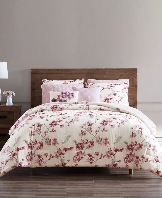 Photo 1 of FULL / QUEEN HALLMART COLLECTIBLES Aviary Blossom 8-Pc Full/Queen Comforter & Coverlet Set. A floral print in lovely watercolor-inspired tones help you create a layered look in your bedroom with this set from Hallmart Collectibles, a queen/full comforter,