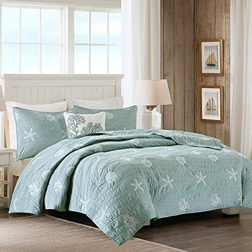 Photo 3 of KING/ CAL KING Harbor House Seaside Reversible Cotton Quilt Set Coastal Clam, Starfish, Coral Embroidery, All Season, Pre-Washed Coverlet Bedding Layer, Decorative Pillow, King/Cal King(108"x90") Seafoam 4 Piece Coastal Aqua King/Cal King (108 in x 90 in)