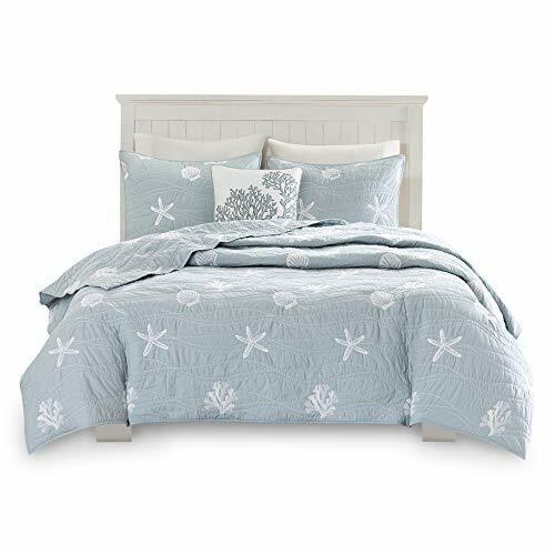 Photo 2 of KING/ CAL KING Harbor House Seaside Reversible Cotton Quilt Set Coastal Clam, Starfish, Coral Embroidery, All Season, Pre-Washed Coverlet Bedding Layer, Decorative Pillow, King/Cal King(108"x90") Seafoam 4 Piece Coastal Aqua King/Cal King (108 in x 90 in)