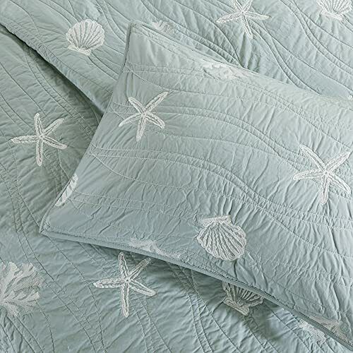 Photo 5 of KING/ CAL KING Harbor House Seaside Reversible Cotton Quilt Set Coastal Clam, Starfish, Coral Embroidery, All Season, Pre-Washed Coverlet Bedding Layer, Decorative Pillow, King/Cal King(108"x90") Seafoam 4 Piece Coastal Aqua King/Cal King (108 in x 90 in)