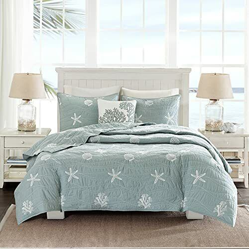 Photo 1 of KING/ CAL KING Harbor House Seaside Reversible Cotton Quilt Set Coastal Clam, Starfish, Coral Embroidery, All Season, Pre-Washed Coverlet Bedding Layer, Decorative Pillow, King/Cal King(108"x90") Seafoam 4 Piece Coastal Aqua King/Cal King (108 in x 90 in)