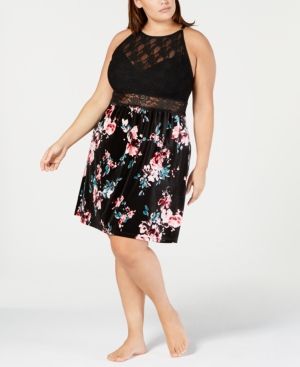 Photo 1 of SIZE 2X - I.N.C. Plus Size Printed Velvet & Lace Chemise Nightgown Size: 2X/Black