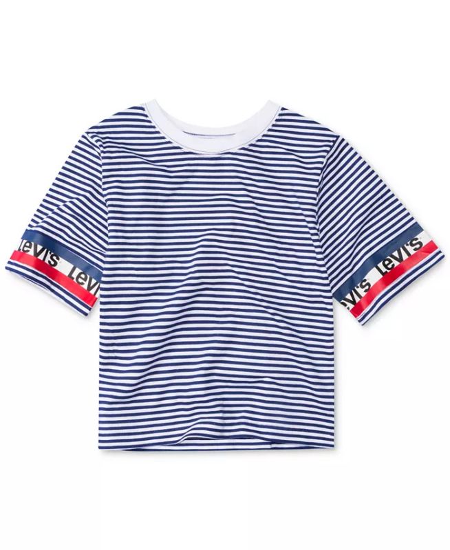 Photo 1 of SIZE 3T - LEVI'S Toddler Girls Striped Logo-Sleeve Cropped Cotton T-Shirt