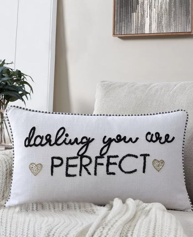 Photo 1 of LACOURTE You'Re Perfect Decorative Pillow, 14" x 24" - Set a loving and romantic mood to any room with this You're Perfect beaded decorative pillow by Lacourte - Cotton Slub - Black & White Pinstripe - Cording + Beading - 100% Cotton Shell 