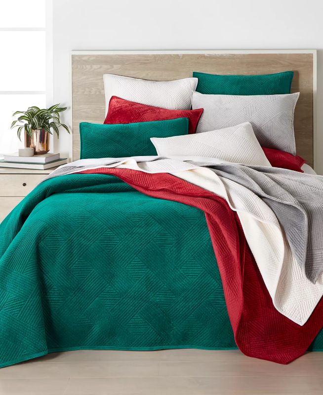 Photo 1 of GREEN - KING - CHARTER CLUB DAMASK Velvet 3 Pc. Coverlet Set, King, Created for Macy's GREEN  - Add a layer of stylish warmth to any bedding ensemble with the super-soft quilted pattern of this Damask coverlet from Charter Club. 1 Coverlet + 2 King Shams 