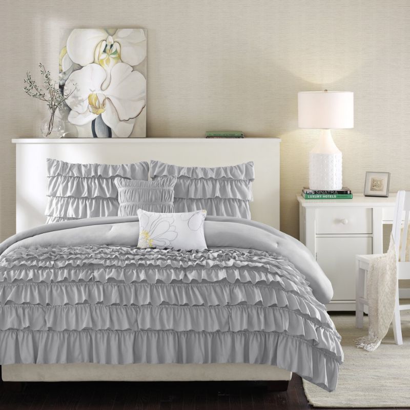 Photo 2 of FULL / QUEEN Home Essence Apartment Marley Grey Ruffles 5 Piece Comforter Set, Full/Queen. he Home Essence Apartment Marley Super Soft Comforter Set brings a graceful comfort to your bedroom decor. Beautiful flowing ruffles on the bottom half of the comfo