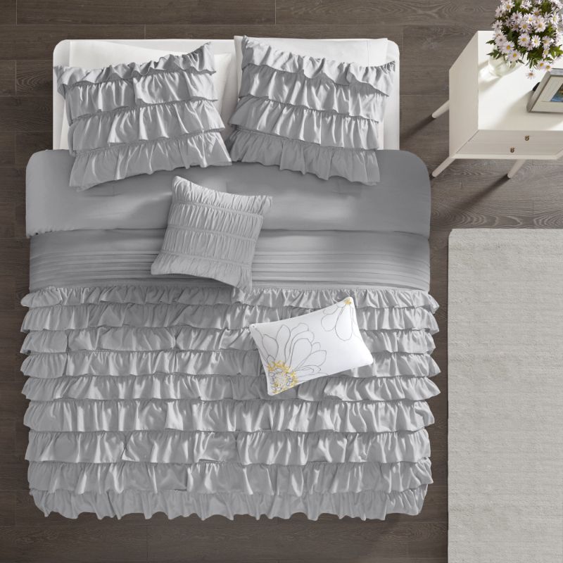 Photo 5 of FULL / QUEEN Home Essence Apartment Marley Grey Ruffles 5 Piece Comforter Set, Full/Queen. he Home Essence Apartment Marley Super Soft Comforter Set brings a graceful comfort to your bedroom decor. Beautiful flowing ruffles on the bottom half of the comfo