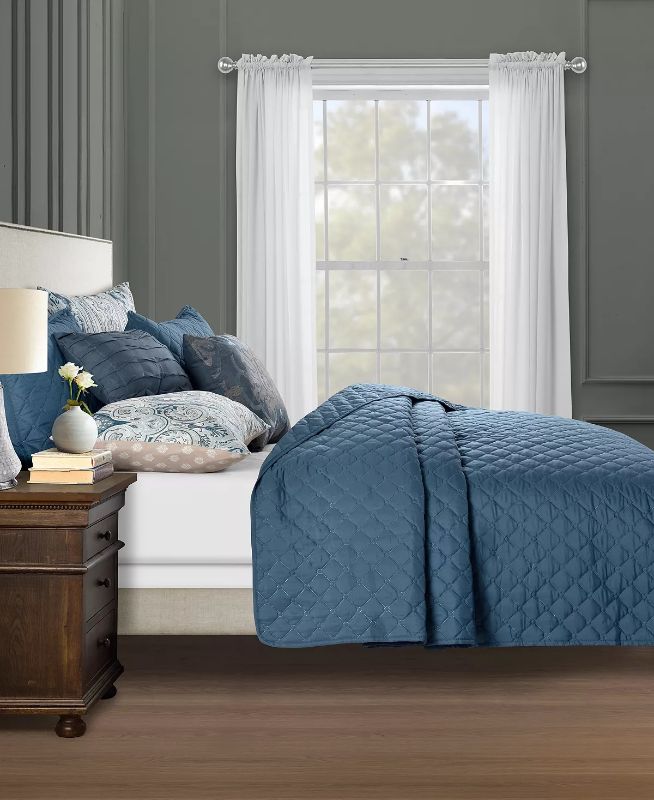 Photo 2 of FULL/QUEEN Willoughby 8 PIECES Reversible Queen Comforter and Coverlet Set - Stone. Elegantly update any room's decor with this striking Willoughby comforter set, featuring a reversible design with a dramatic damask motif. Including coordinating shams, de