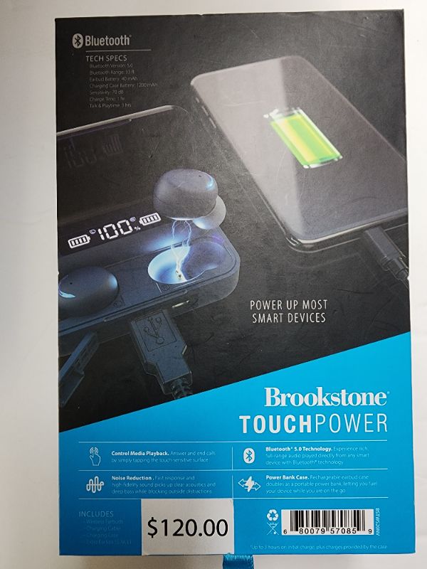 Photo 2 of Brookstone TouchPower True Wireless Earbuds & Smart Power Bank Case. TOUCH CONTROLS Pause or skip & answer & end calls by a simple tap to the touch-sensitive surface NOISE REDUCTION Fast response and high-fidelity sound picks up clear acoustics and deep b