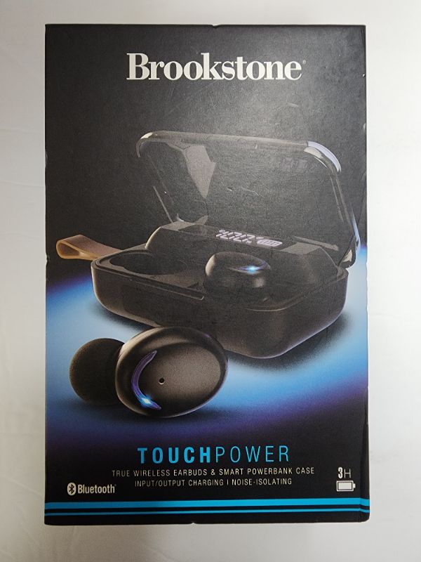 Photo 1 of Brookstone TouchPower True Wireless Earbuds & Smart Power Bank Case. TOUCH CONTROLS Pause or skip & answer & end calls by a simple tap to the touch-sensitive surface NOISE REDUCTION Fast response and high-fidelity sound picks up clear acoustics and deep b