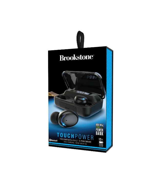 Photo 2 of Brookstone Touch Power True Wireless Earbuds & Smart Power Bank Case 12 hours playtime. OUCH CONTROLS Pause or skip & answer & end calls by a simple tap to the touch-sensitive surface NOISE REDUCTION Fast response and high-fidelity sound picks up clear ac