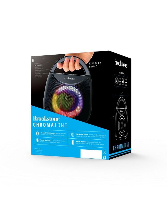 Photo 2 of Brookstone Chroma Tone Wireless Led Speaker, Black. Create a colorful lightshow to shake and groove to using this fantastic wireless speaker from Brookstone. The LED light illuminates in stunning visuals and color changing lighting that dances along to yo