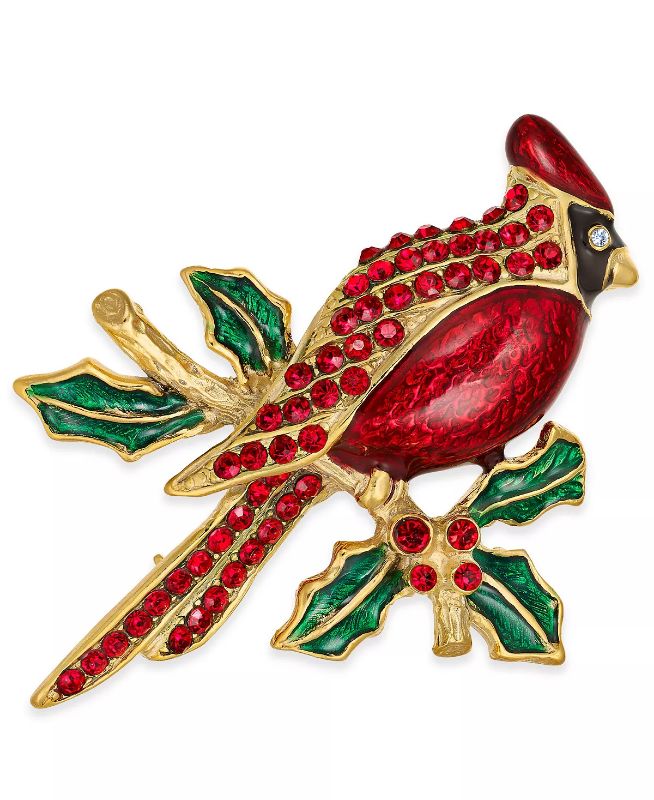 Photo 1 of Macy's Holiday Lane Gold-Tone Pavé Cardinal Pin, Created for Macy's. A beautiful cardinal sits atop a branch of holly of this pavé-accented pin by Holiday Lane. Set in gold-tone mixed metal; epoxy - Approx. dimensions: 1" x 1-1/2" - Pin closure.