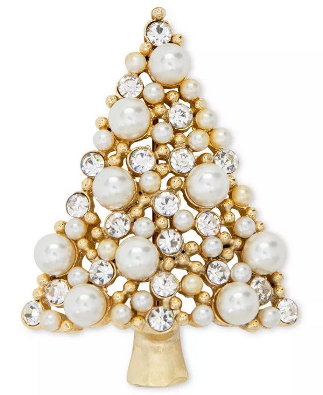 Photo 1 of Macy's Holiday Lane Gold-Tone Crystal & Imitation Pearl Tree Pin, Created for Macy's. An abundance of ornamentation lends beauty to this Holiday Lane tree pin by Charter Club. Set in gold-tone mixed metal; crystal; imitation pearl - Approx. dimensions: 2-