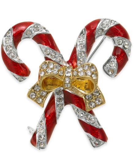 Photo 1 of Macy's Holiday Lane Candy Cane Pin Red Enamel & Clear Crystal Two-Tone Gold/Silver