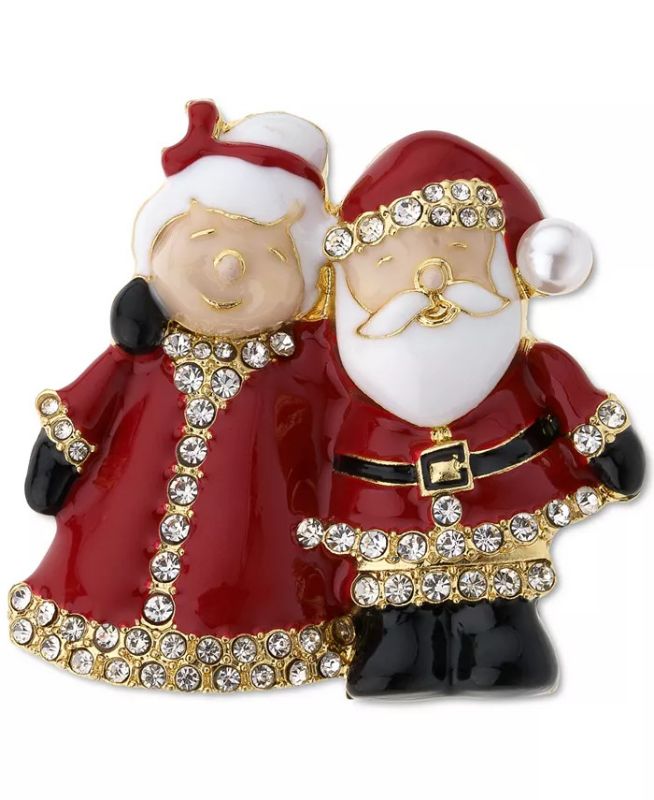 Photo 1 of Macy's Holiday Lane Gold-Tone Pavé & Imitation Pearl Mr. & Mrs. Santa Claus Pin. Set in gold-tone mixed metal; glass; acrylic; epoxy
Approx. dimensions: 2" x 1-5/8" - Pin closure