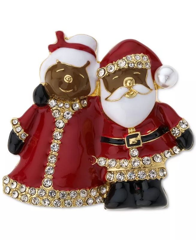 Photo 1 of Holiday Lane Gold-Tone Pavé & Imitation Pearl Mr. & Mrs. Santa Claus Pin, Created for Macy's Set in gold-tone mixed metal; glass; acrylic; epoxy
Approx. dimensions: 2" x 1-5/8" - Pin closure