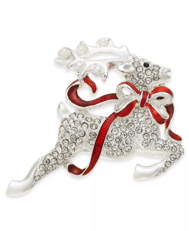 Photo 1 of HOLIDAY LANE Silver-Tone Crystal Flying Reindeer Pin - Created for Macy's - Silver - Dash through your holiday shopping looking chic and festive with this fabulous crystal reindeer pin from Holiday Lane.