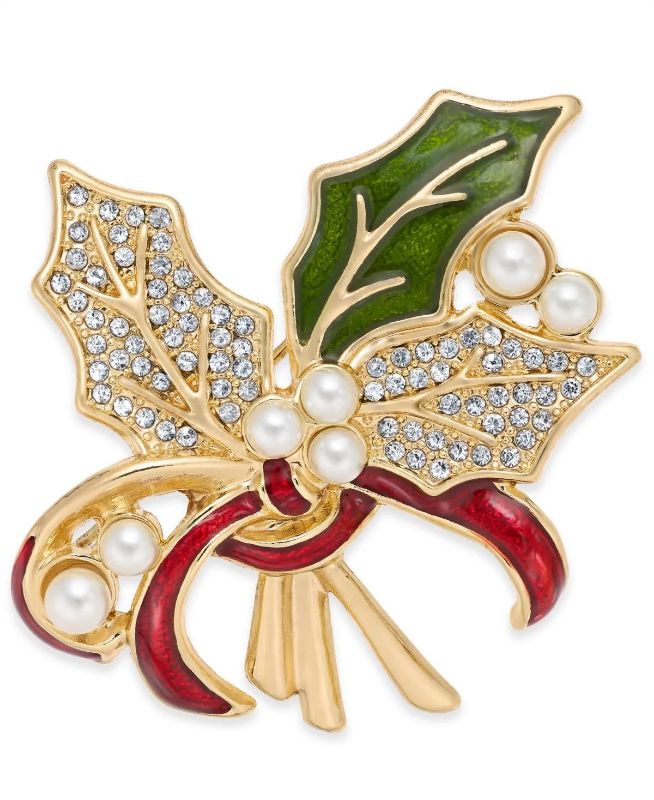 Photo 1 of Holiday Lane Gold-Tone Pave & Imitation Pearl Holly Pin, Created for Macy's 