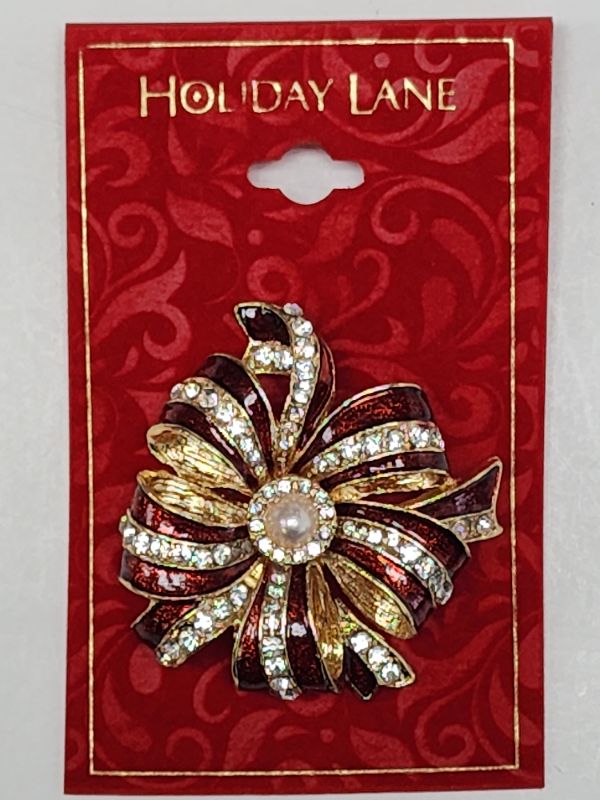 Photo 1 of Macy's Holiday Lane Gold Rhinestone, Red Bow, Pin Brooch