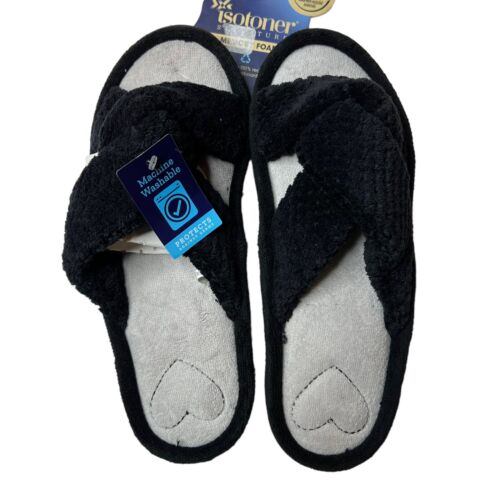 Photo 2 of Size LG 8.5 -9 Isotoner Signature Women’s Popcorn Eco Microterry Slide Slippers with Memory Foam. Plush memory foam and impact-absorbing heel cushion make these slippers the perfect companion to those suffering from foot pain. Plus, they’re made from recy