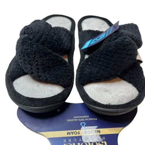 Photo 3 of Size LG 8.5 -9 Isotoner Signature Women’s Popcorn Eco Microterry Slide Slippers with Memory Foam. Plush memory foam and impact-absorbing heel cushion make these slippers the perfect companion to those suffering from foot pain. Plus, they’re made from recy