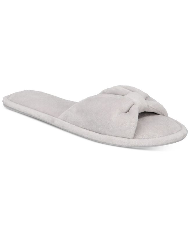 Photo 1 of Size SM 5-6 Charter Club Memory Foam Open Toe Bow Grey Slippers. Simply sweet and cozy, these knit slippers from Charter Club showcase an open-toe design and classic bow accents. Machine Washable