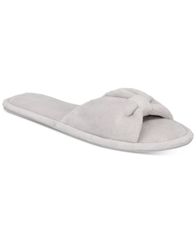 Photo 1 of Size MD 7-8 Charter Club Memory Foam Open Toe Bow Grey Slippers. Simply sweet and cozy, these knit slippers from Charter Club showcase an open-toe design and classic bow accents. Machine Washable