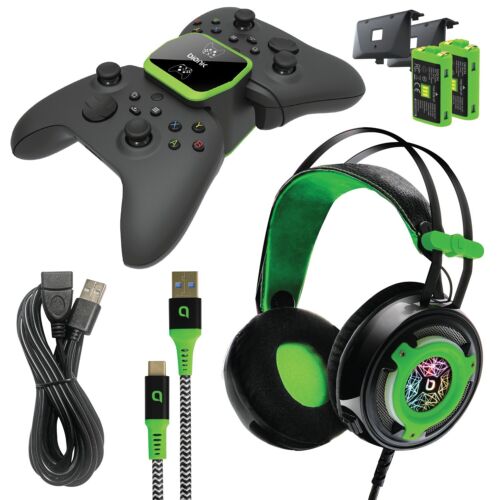 Photo 3 of DreamGear BNK-9084 Bionik Pro Kit For Xbox Series X/s. Kit includes CLR-50 headset, dual controller charge base, 2 controller batteries, lynx charge cable, USB cable extender, and user manual. 