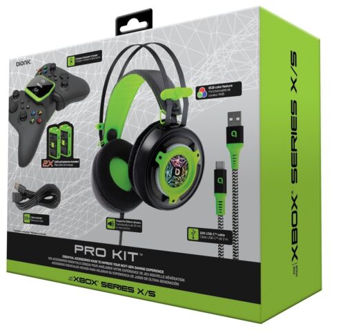 Photo 1 of DreamGear BNK-9084 Bionik Pro Kit For Xbox Series X/s. Kit includes CLR-50 headset, dual controller charge base, 2 controller batteries, lynx charge cable, USB cable extender, and user manual. 