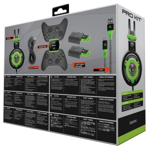 Photo 2 of DreamGear BNK-9084 Bionik Pro Kit For Xbox Series X/s. Kit includes CLR-50 headset, dual controller charge base, 2 controller batteries, lynx charge cable, USB cable extender, and user manual. 