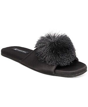 Photo 1 of Size L 9/10 INC International Concepts Women's Satin Pom Pom Slide Slippers BLACK