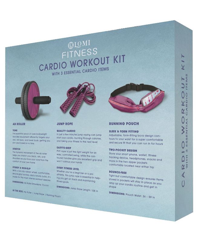 Photo 3 of Lomi 3-in-1 Cardio Workout Kit, Ruby. Engage and strengthen your core with gliding discs from sharper image. These discs are useful for a variety of exercises, including lunges, squats, and upper body movements. Ab rollers dimensions - 10" x 6". Jump rope