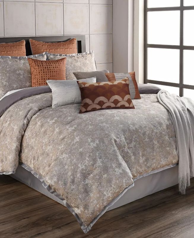 Photo 1 of RIVERBROOK HOME Aileen 12 Pc King Comforter Set - Gray, Bronze. Introduce contemporary elegance to your bedroom with the Aileen Comforter Set. A romantic mix of grey and bronze tones blend to display a marble-like design, styled with complementing throw p