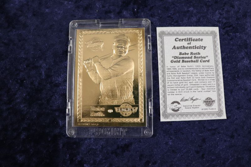Photo 1 of Babe Ruth 1991 22kt Gold foil card with diamond on card