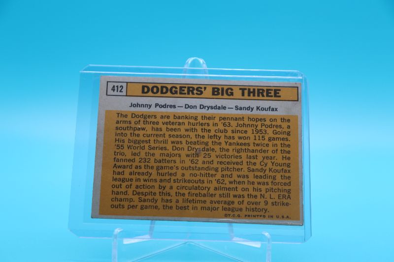 Photo 2 of 1963 Topps Dodgers’ Big Three (EX) Koufax,Drysdale,Podres