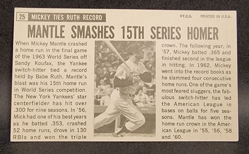 Photo 2 of 1964 Topps Giants Baseball Card # 25 Mickey Mantle