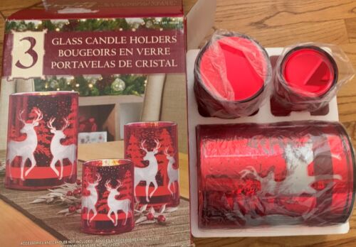 Photo 2 of KIRKLAND Festive Red Glass with Deer Candle Holders 3Pack