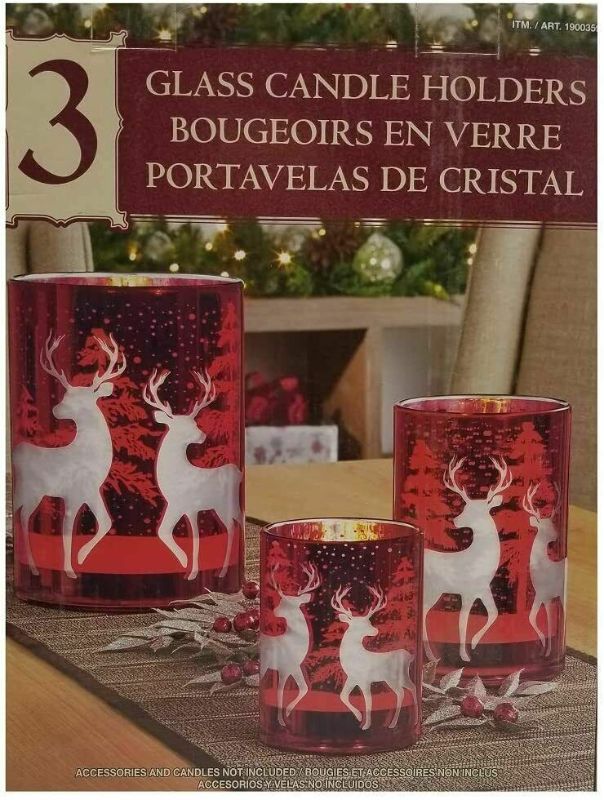 Photo 1 of KIRKLAND Festive Red Glass with Deer Candle Holders 3 Pack