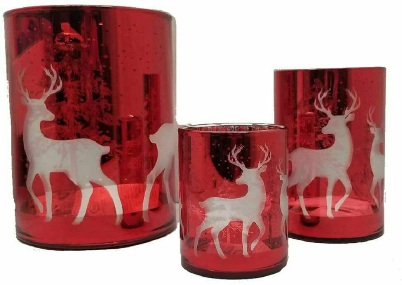 Photo 2 of KIRKLAND Festive Red Glass with Deer Candle Holders 3 Pack
