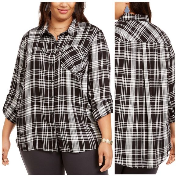 Photo 1 of PLUS SIZE 0X Style & Co Women's Black & White Plaid Button Down Shirt