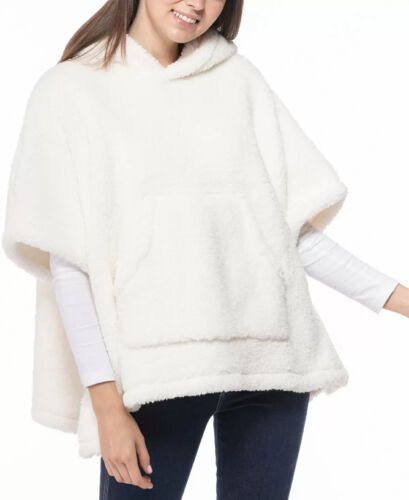 Photo 1 of JENNI Women's Hooded Sherpa Pocket Poncho Ivory White One Size