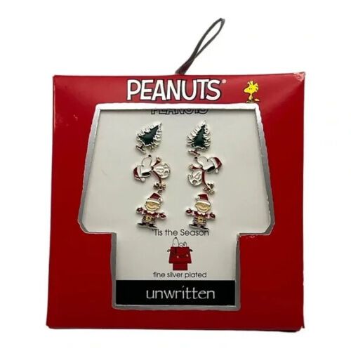 Photo 2 of Fine Silver Plated Enamel Peanuts Holiday Snoopy Charlie Brown Woodstock Earring Trio