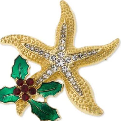 Photo 1 of Holiday Lane Gold-Tone Crystal Starfish & Holly Christmas Pin