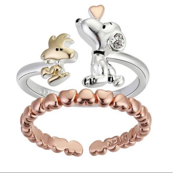 Photo 1 of SIZE 9 Unwritten Peanuts 14k gold flash plated tri-tone snoopy & Woodstock duo rings B.F.F