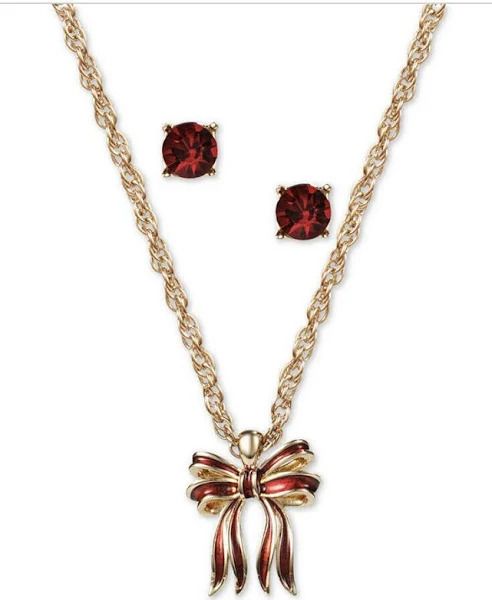 Photo 1 of Charter Club gold tone Christmas bow pendant & red crystal stud earrings set 17"/GIFT BOX